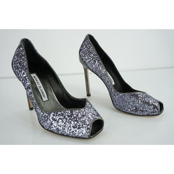 Manolo Blahnik Glitter Fatducabo Peep Toe Heels Pumps Size 37.5 - Picture 11 of 12